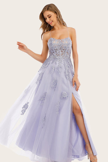 Lavendel Tulle Lang Prom Kjole med blonder